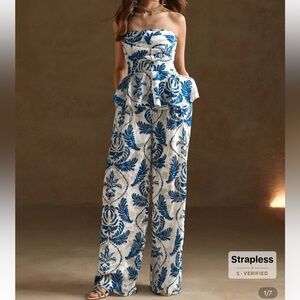 Blue and White Strapless Jumpsuit
